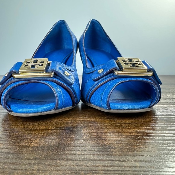 Tory Burch Natalya pebbled leather wedge open toe shoes Blue Size 6.5 - Picture 10 of 11